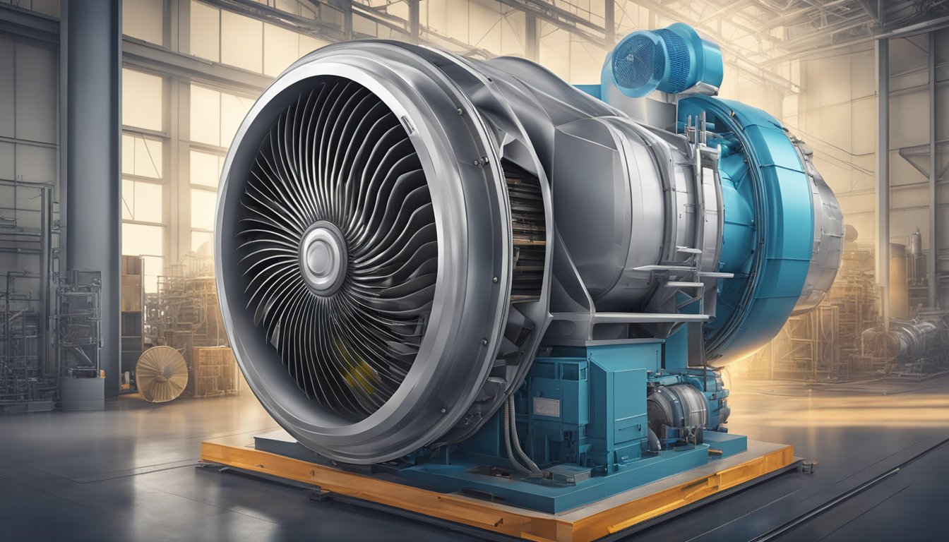 A jet turbine fan spins rapidly, surrounded by innovative applications and technology