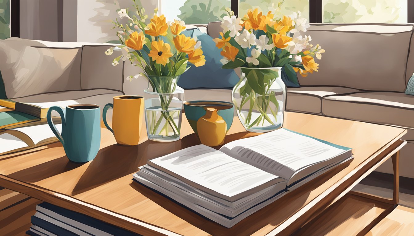 A teak coffee table sits in a sunlit living room, adorned with a stack of books and a vase of fresh flowers