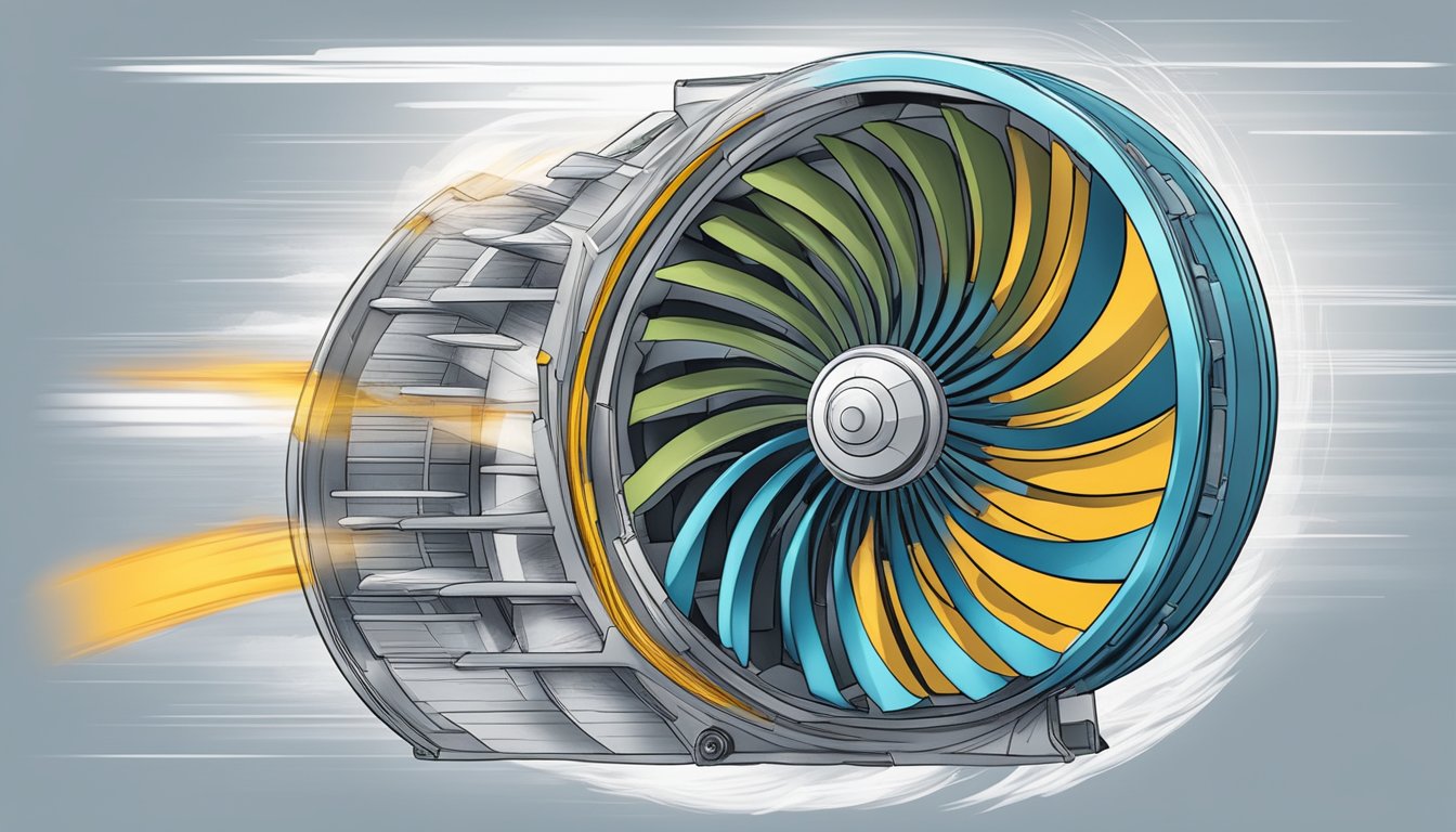 A jet turbine fan spinning rapidly with FAQ text swirling around it