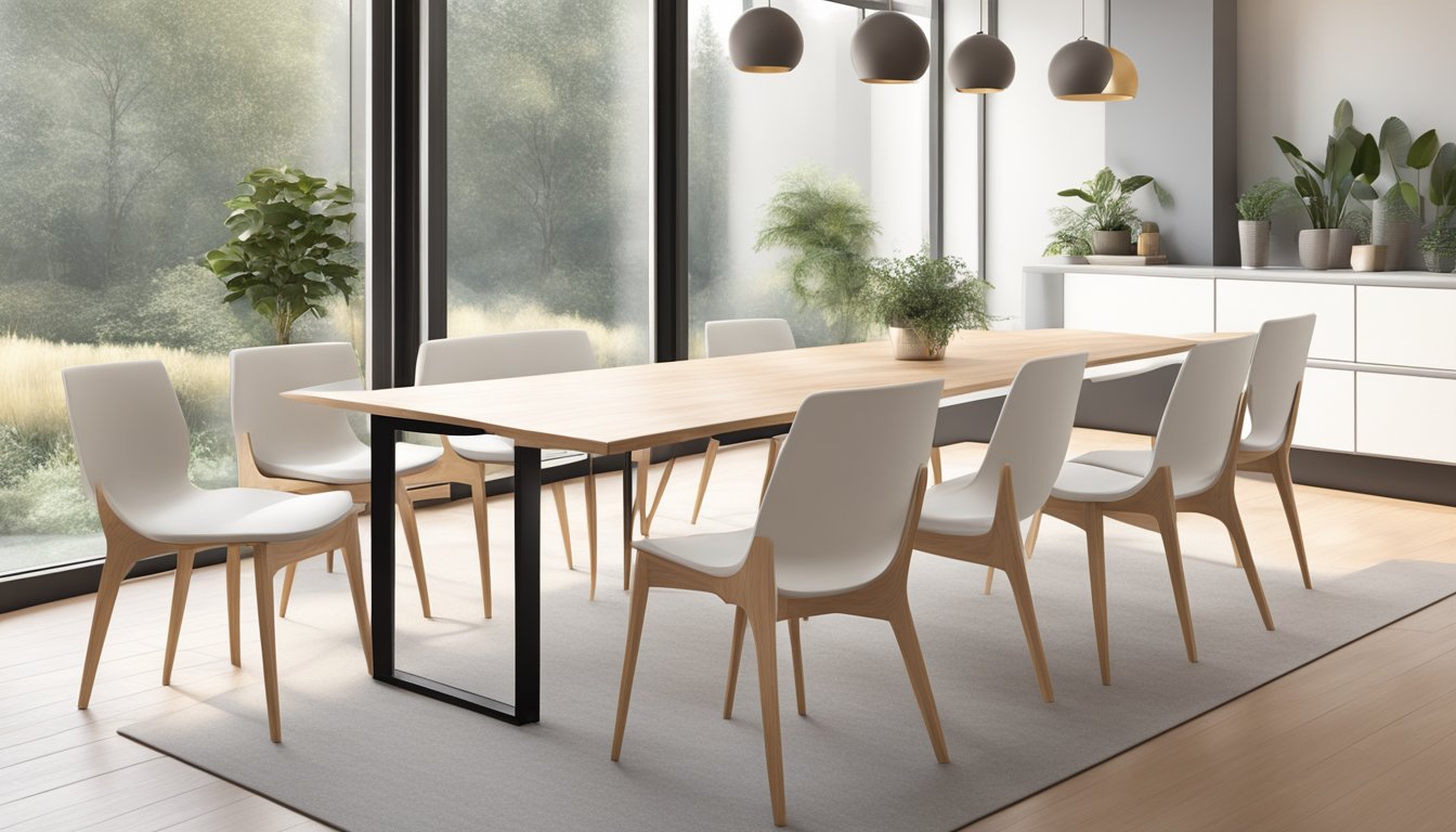 A dining table with lightweight chairs in a modern, minimalist style, with sleek lines and neutral colors, set against a bright, airy backdrop