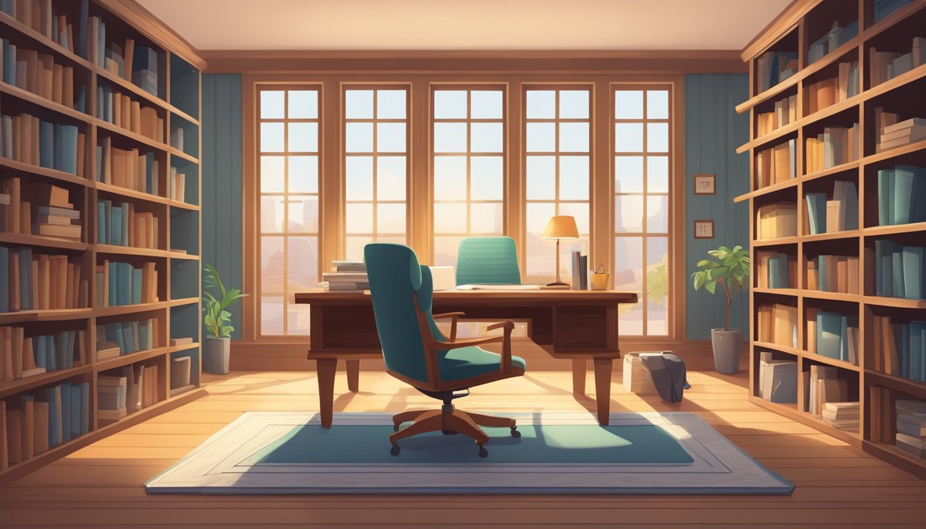 A cozy study room with a large wooden desk, bookshelves filled with books, a comfortable armchair, and a large window letting in natural light