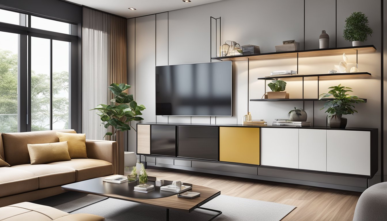 A sleek, modern living room cabinet in Singapore, with clean lines and a glossy finish, showcasing elegant decor and neatly arranged belongings
