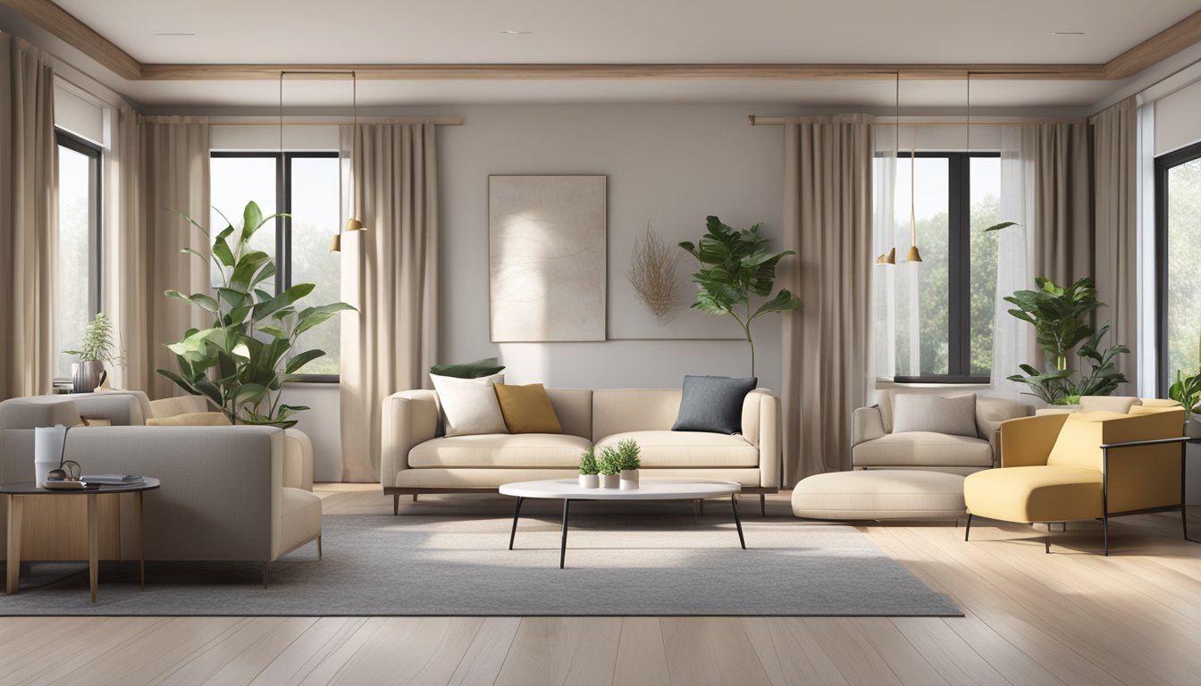 A modern living room with sleek, minimalist sofa sets in a neutral color palette, accentuated by contemporary decor and ample natural light