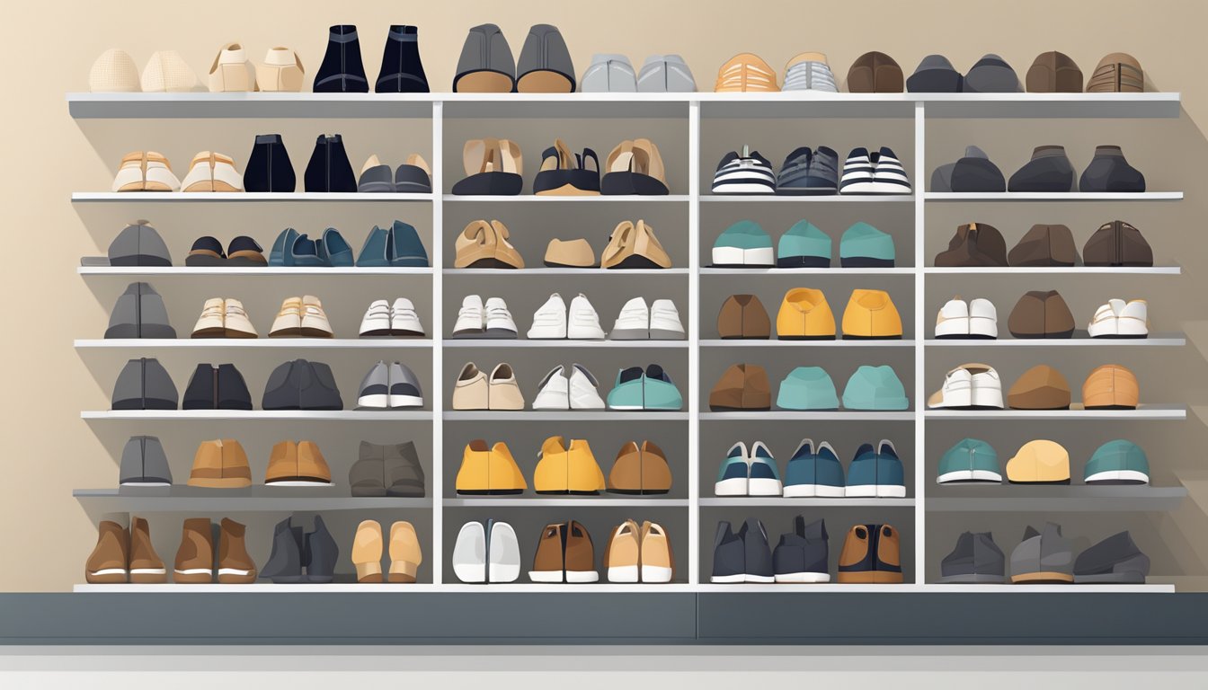 A stylish shoe cabinet with organized shelves and neatly arranged pairs of shoes, set against a clean and modern background