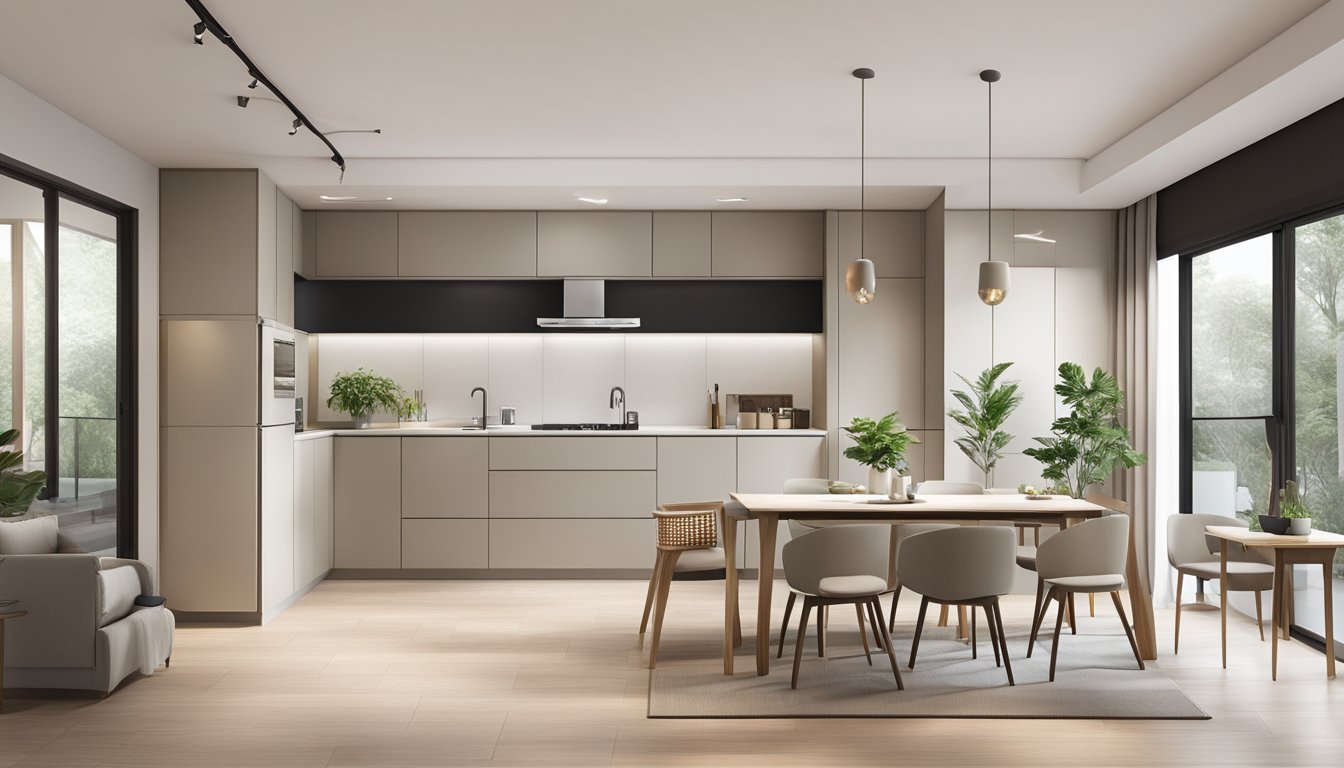 A spacious 3-room BTO kitchen with sleek, modern design. Clean lines, ample storage, and functional layout. Light color palette and minimalist decor