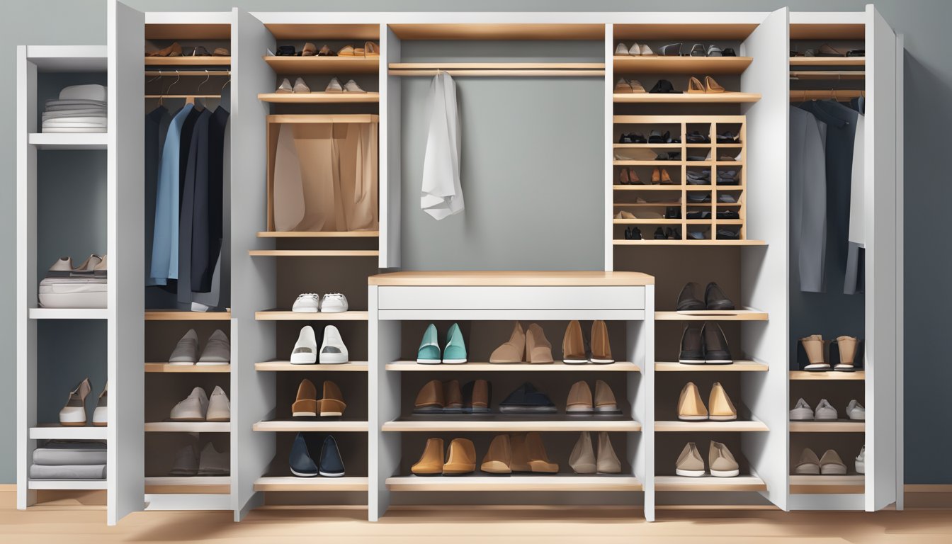 A sleek shoe cabinet with open doors, neatly organized shoes, and a modern design