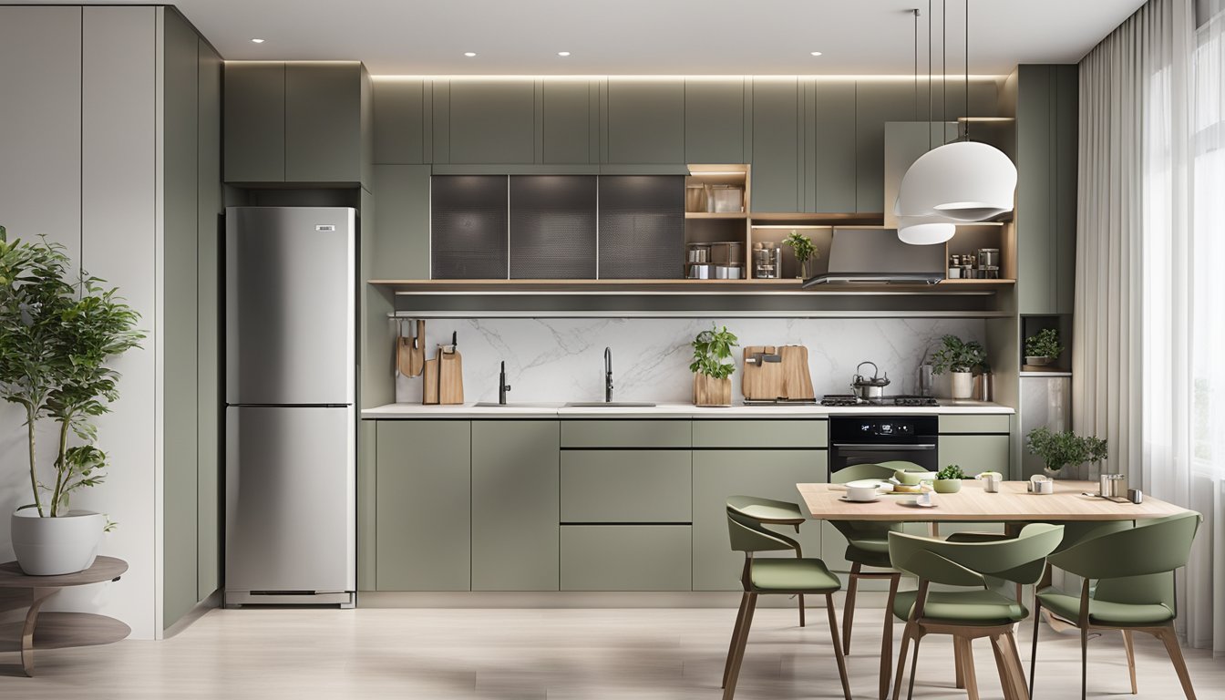 A modern HDB kitchen with sleek cabinet design, efficient layout, and innovative storage solutions