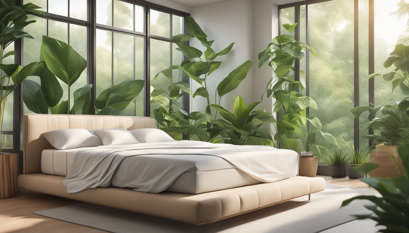 A natural latex mattress sits in a serene bedroom, surrounded by lush green plants and bathed in soft, natural light filtering through the window