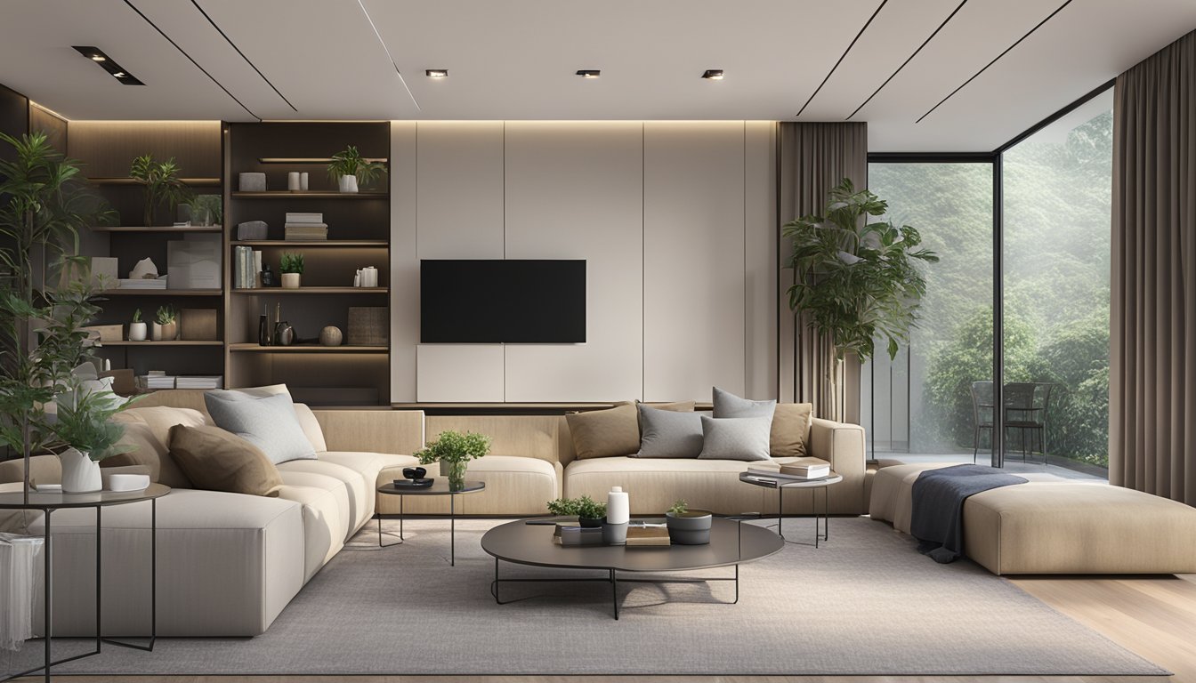 A modern living room with sleek, built-in cabinets in Singapore. Clean lines, minimalist design, and integrated lighting