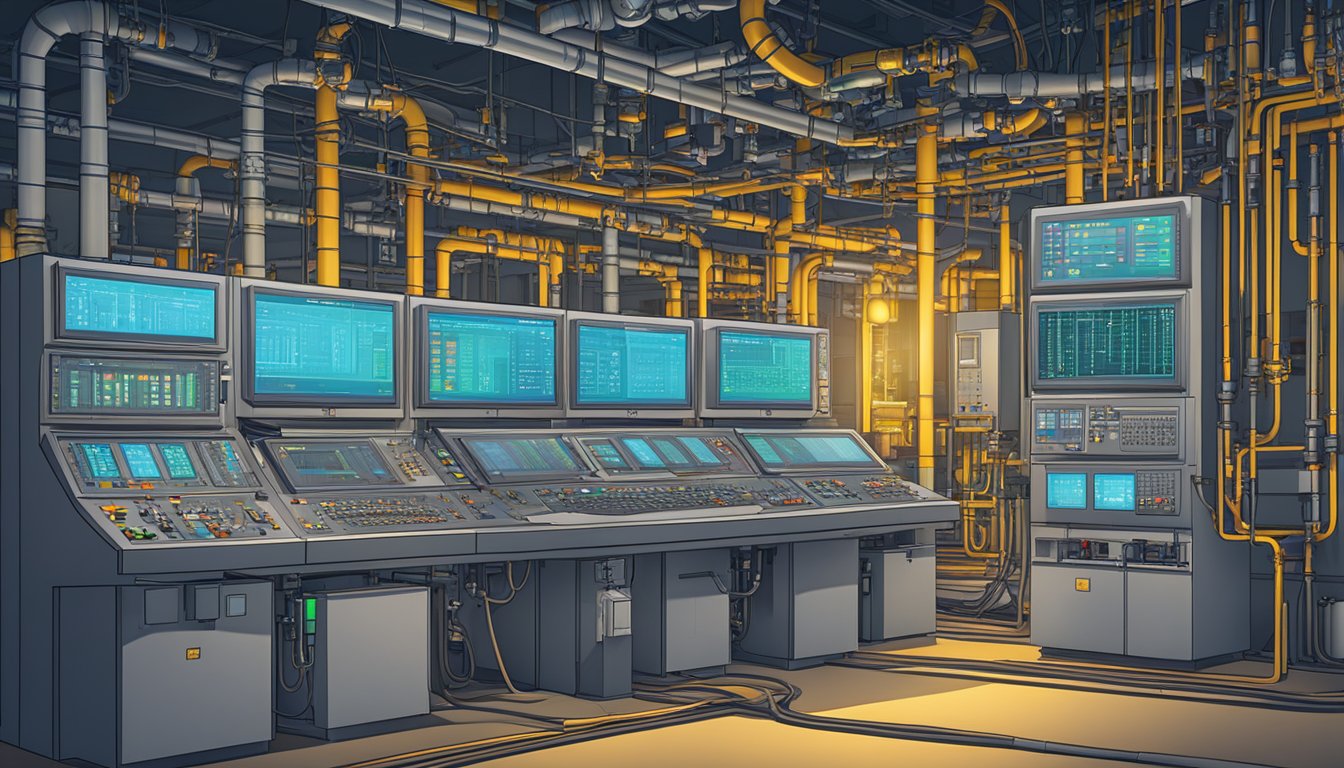 A network of cables and pipes connects to a central control panel with flashing lights and digital displays. Multiple machines hum with activity, efficiently managing the installation