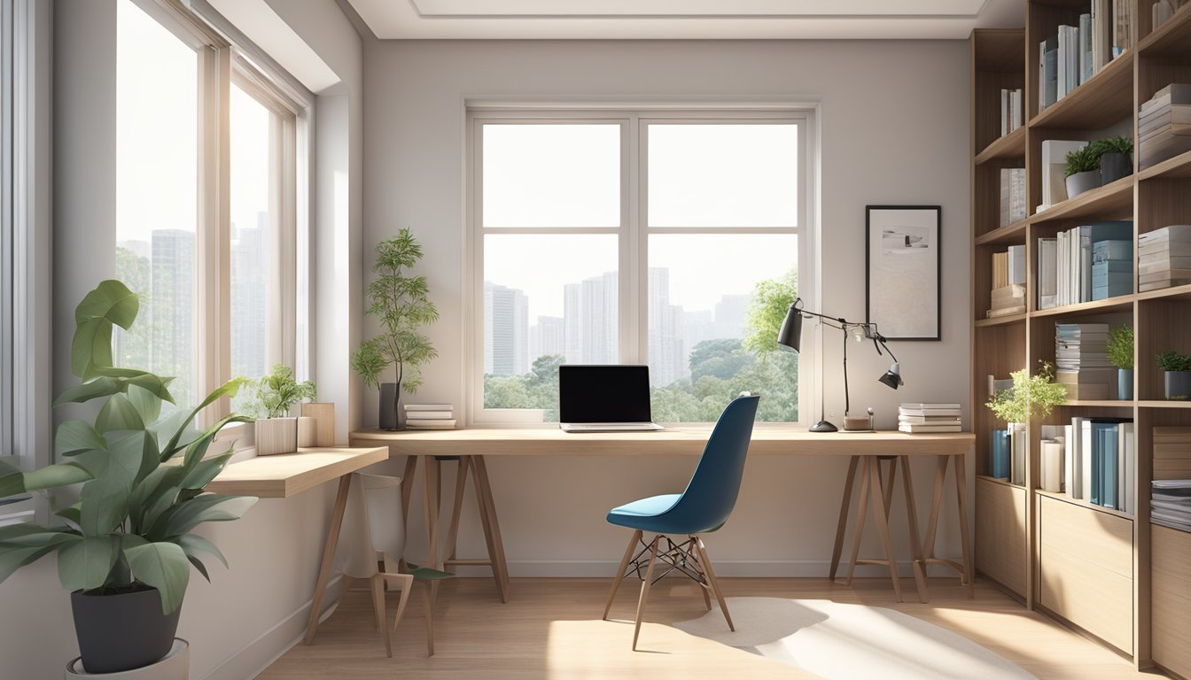 A sleek study desk with organized shelves, a comfortable chair, and ample natural light streaming in from large windows, creating a stylish and productive HDB study room design