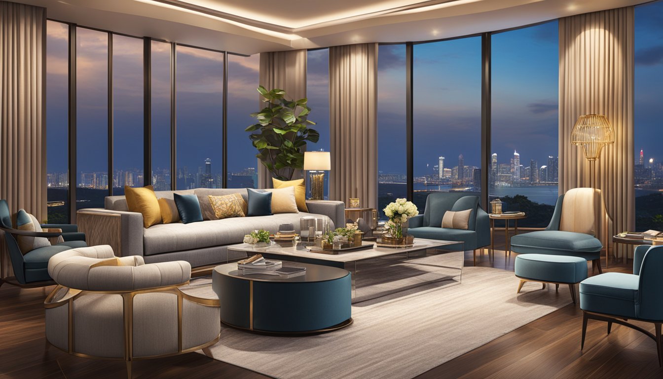 A lavish living room with sleek, modern furniture, opulent textiles, and intricate detailing, accented by soft, warm lighting and panoramic views of the Singaporean skyline