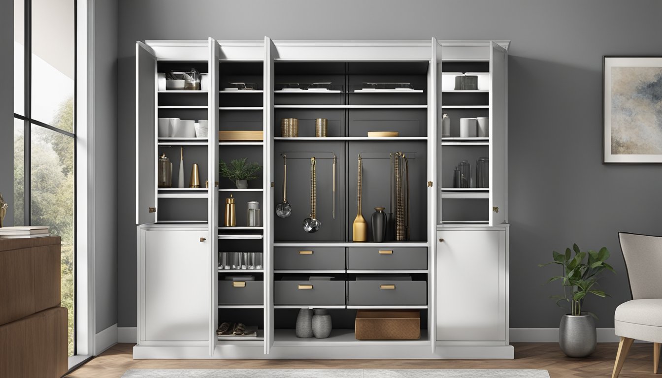 A sleek, modern cabinet with adjustable shelves and hidden storage compartments, complemented by elegant, brushed metal hardware