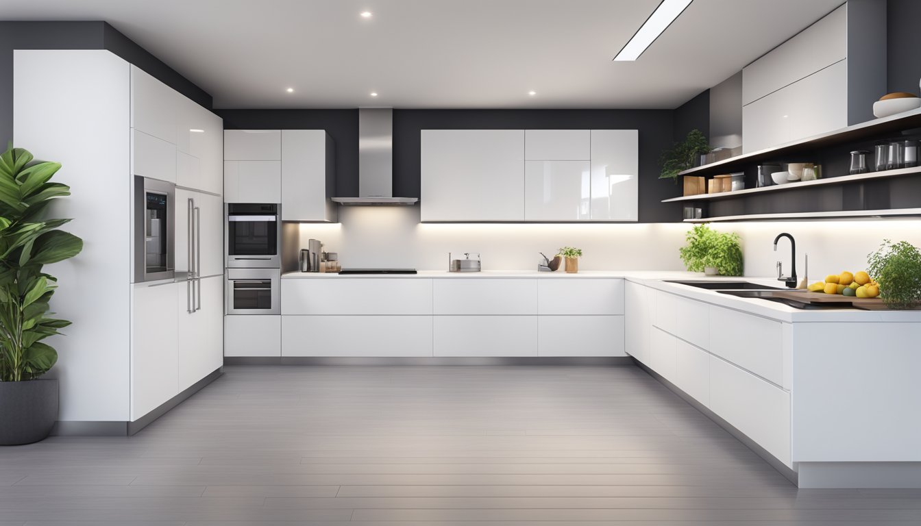 A modern kitchen with sleek, white cabinets, integrated appliances, and ample storage space. Bright lighting and clean lines create a minimalist, functional design
