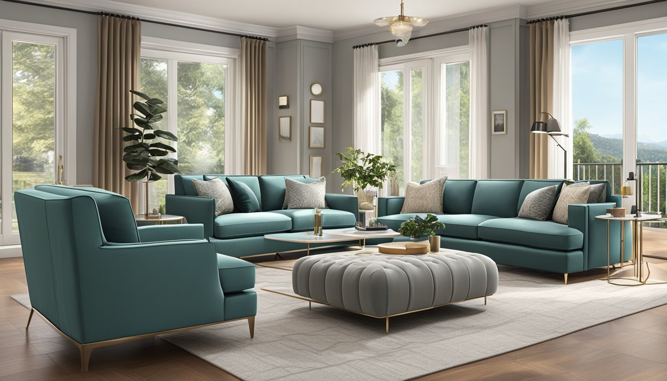 A modern sofa set sits in a well-lit living room, with sleek lines and luxurious fabric. The room is tastefully decorated with complementary accessories, creating a cozy and inviting atmosphere