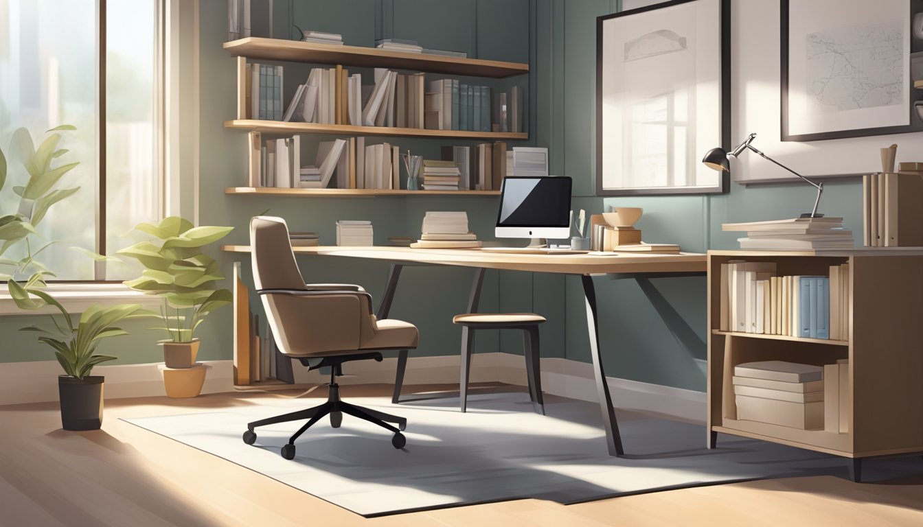 A study room with organized shelves, a sleek desk, and a comfortable chair. The room is well-lit with natural light and features modern design elements