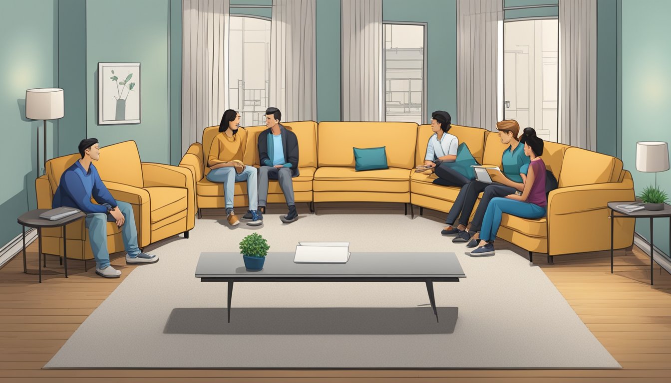 A modern sofa set surrounded by a group of people, with a question mark hovering above it