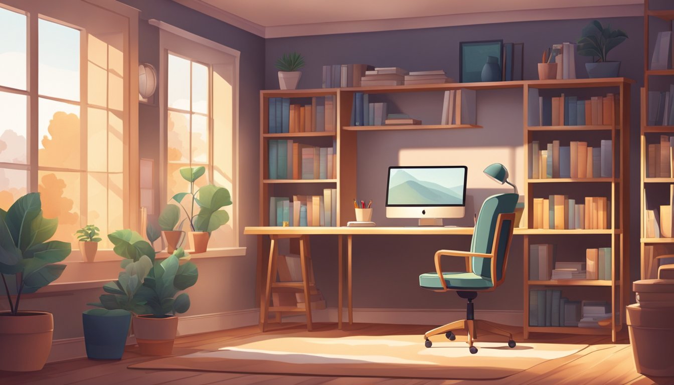 A cozy study room with a desk, shelves, and a comfortable chair. Soft lighting and a peaceful atmosphere