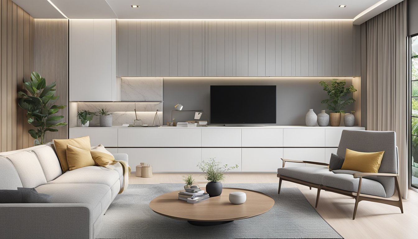 A modern living room with a sleek, white cabinet in Singapore. Clean lines and minimalistic design