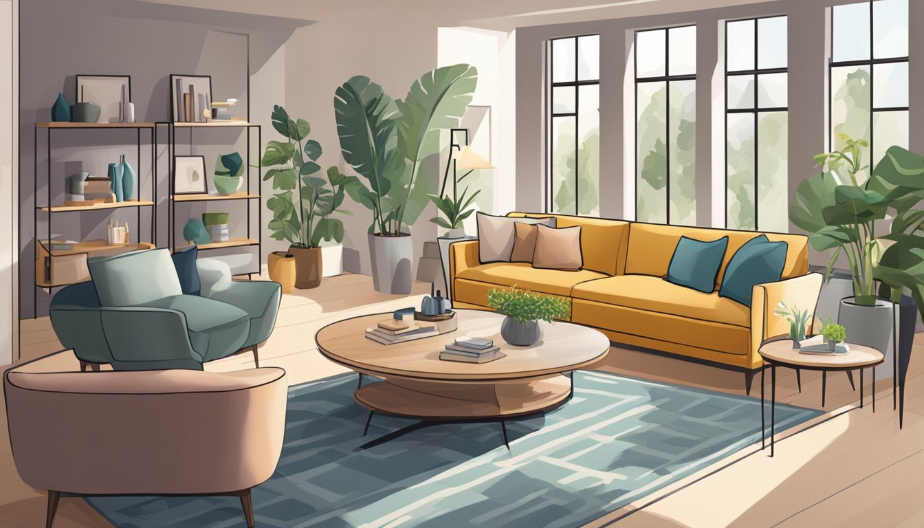 A cozy living room with a variety of stylish sofas displayed in a well-lit furniture store. Customers browse and test out different designs and colors