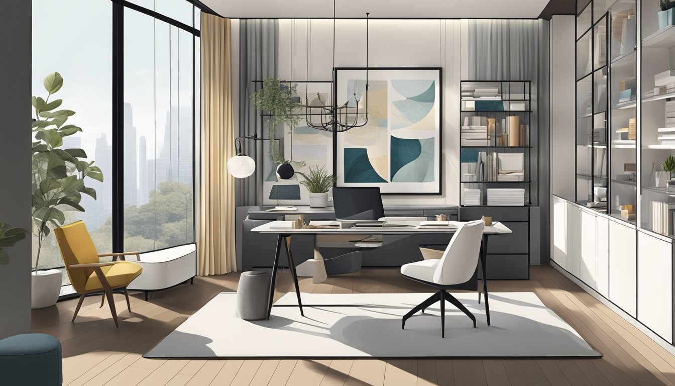 A sleek, modern workspace with floor-to-ceiling windows, designer furniture, and a mood board filled with fabric swatches, paint samples, and architectural plans