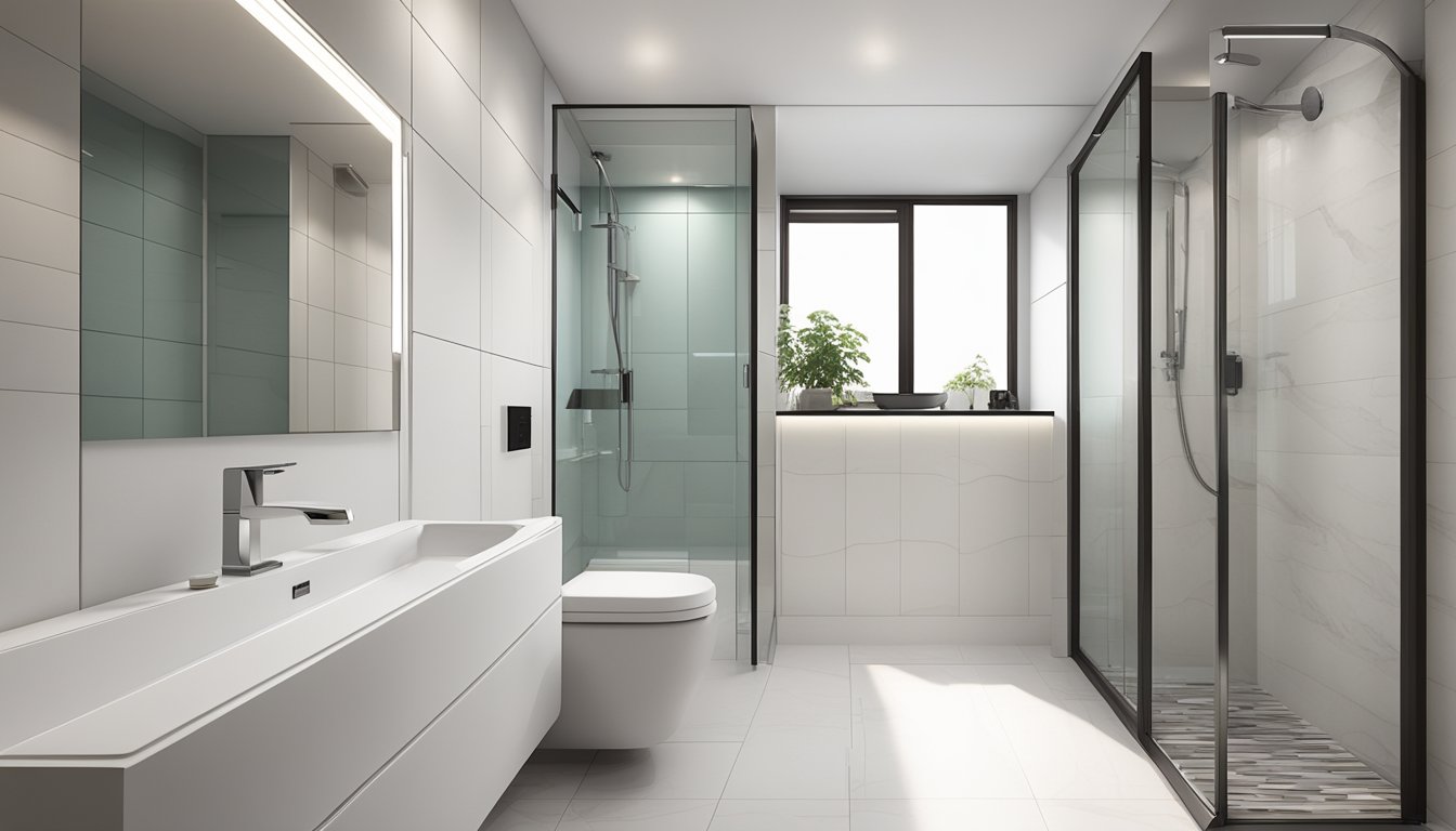 A modern 4-room HDB toilet with sleek fixtures and a spacious shower area. White tiles and chrome accents create a clean and contemporary look