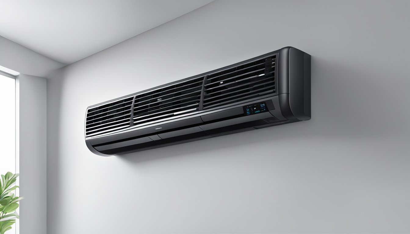 A black aircon unit mounted on a white wall, with vents and control panel visible