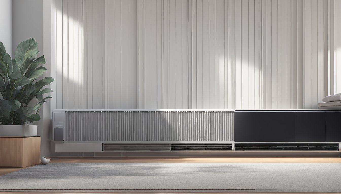 A sleek black air conditioner hums quietly in a modern, minimalist room