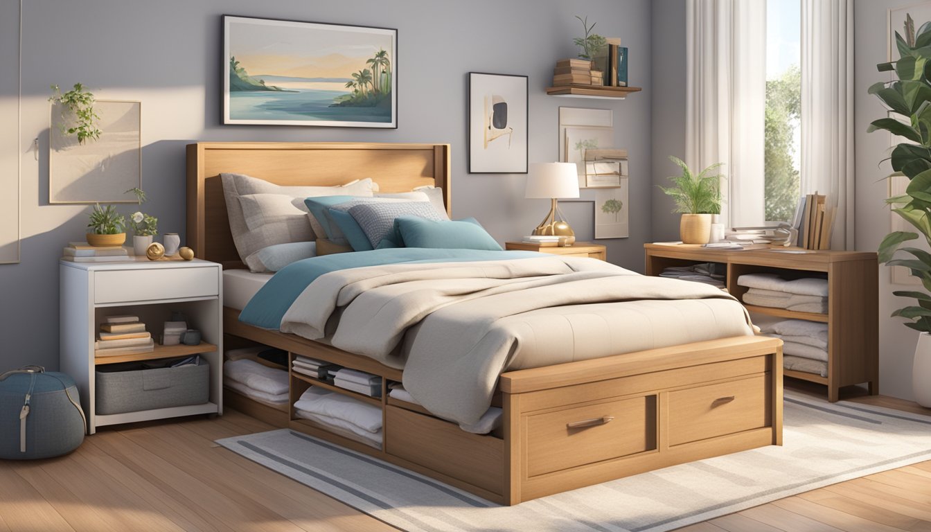 A storage bed with drawers sits in a cozy bedroom, surrounded by books and knick-knacks. The drawers are pulled out, revealing neatly organized clothing and linens