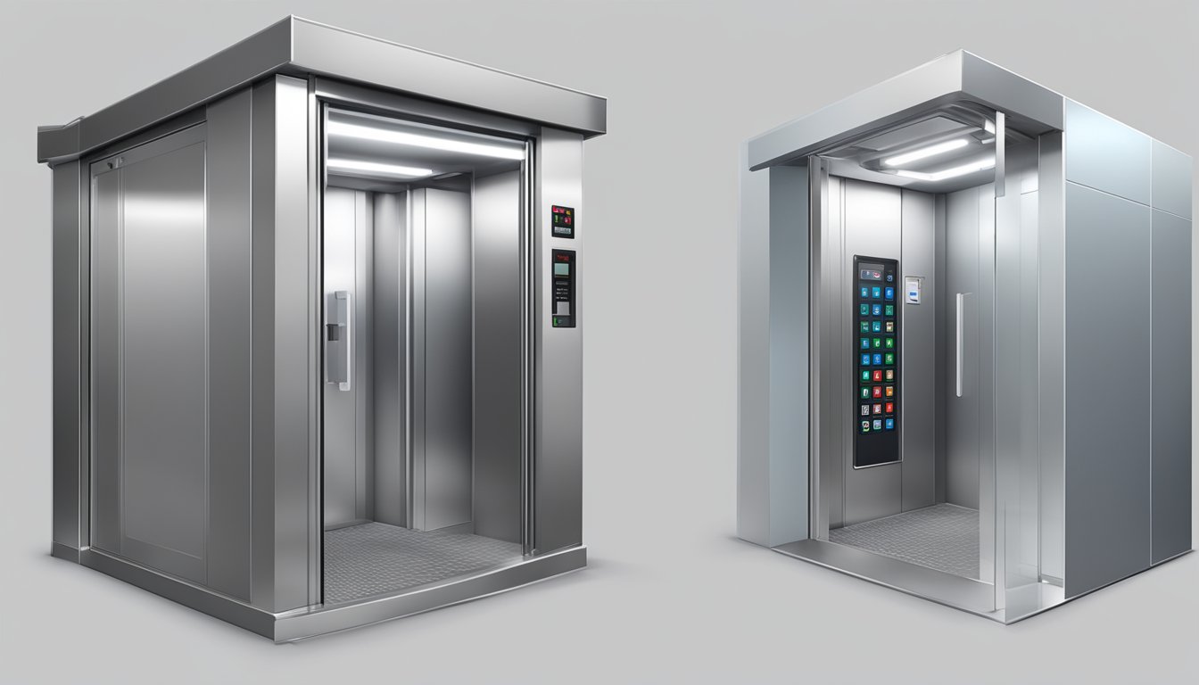 The HDB lift is a rectangular metal box with buttons and a digital display. It is surrounded by plain walls and has a sliding door on one side
