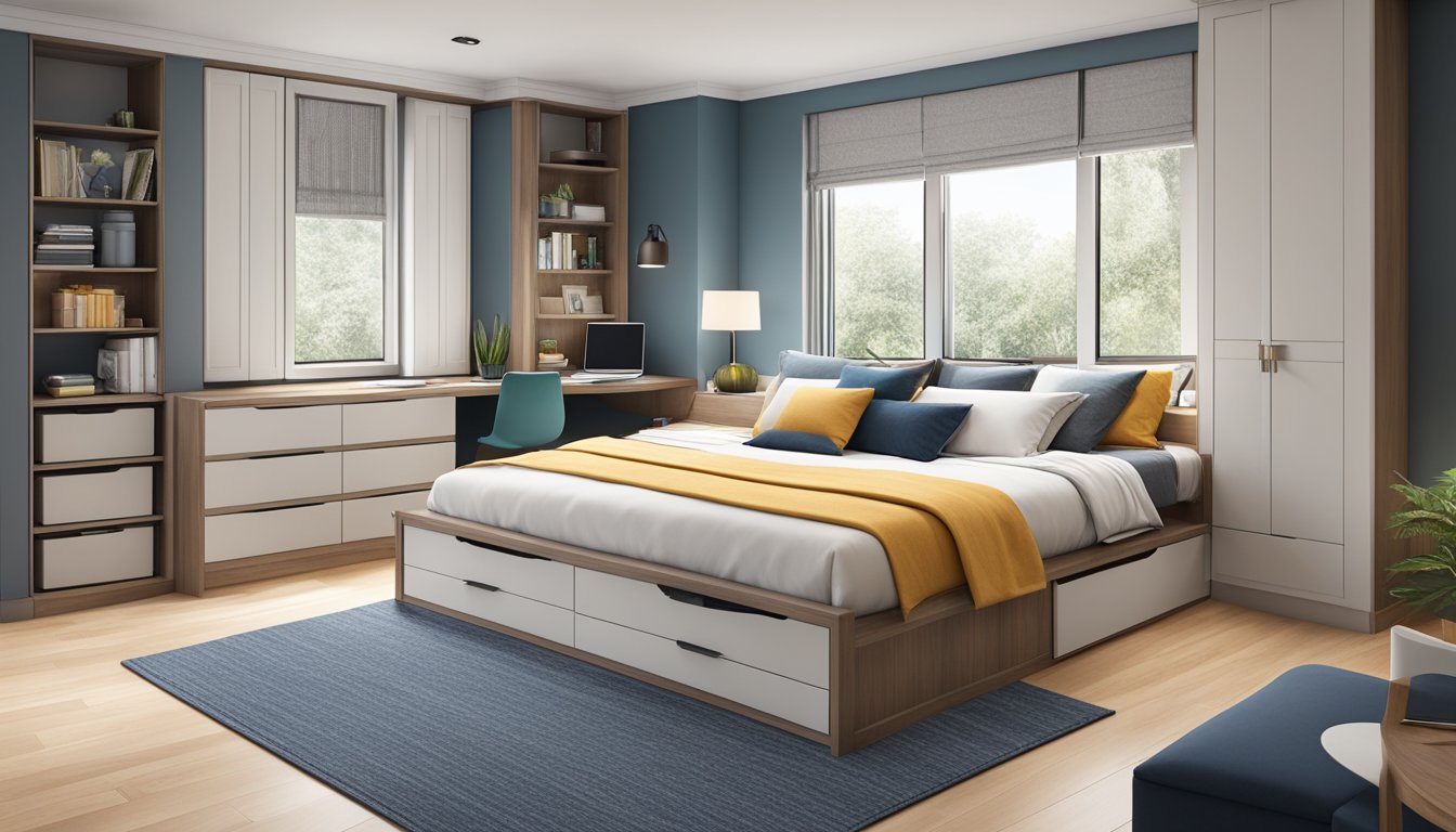 A bedroom with a bed featuring built-in drawers for storage, maximizing space efficiently