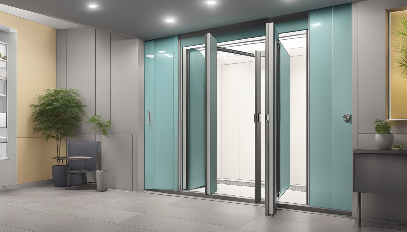 The HDB lift doors open, revealing the dimensions and access panel inside