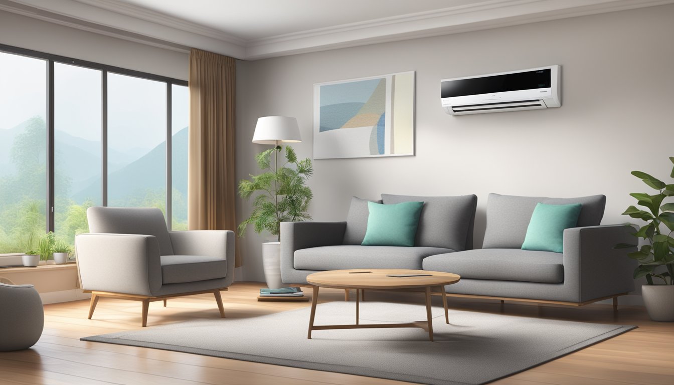 A living room with three Mitsubishi aircon units installed on the wall, with remote controls nearby and a price tag displayed