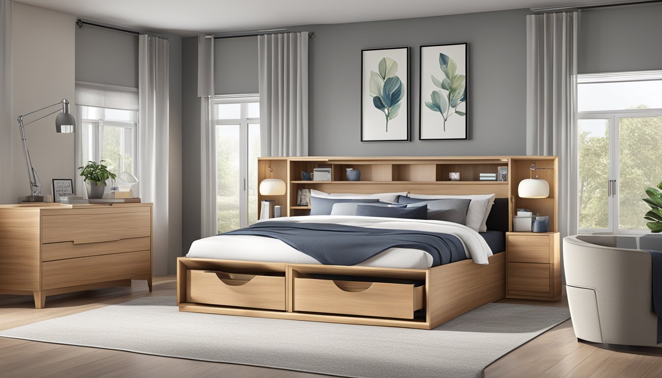 A modern bedroom with a sleek storage bed, featuring multiple drawers neatly tucked underneath the frame