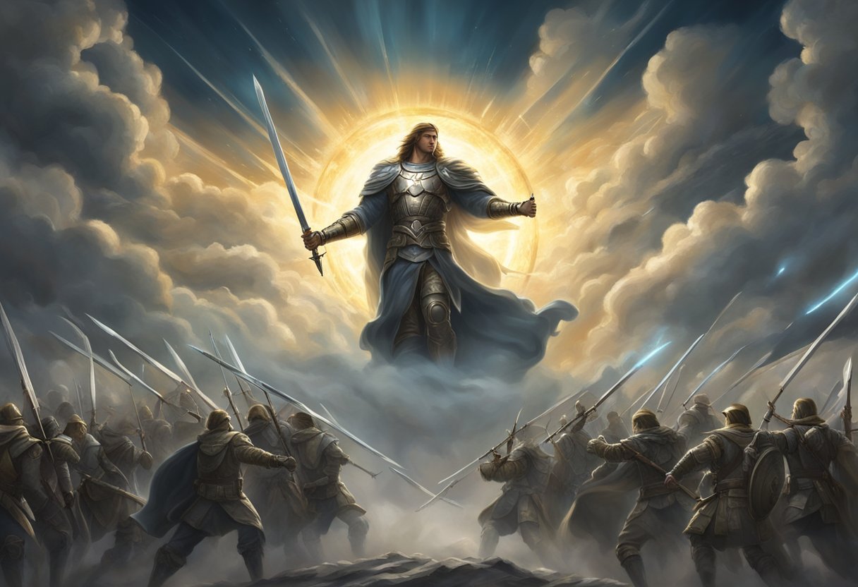 A battlefield with a radiant, towering figure emerging from the clouds, surrounded by angelic warriors, wielding swords of light against dark forces