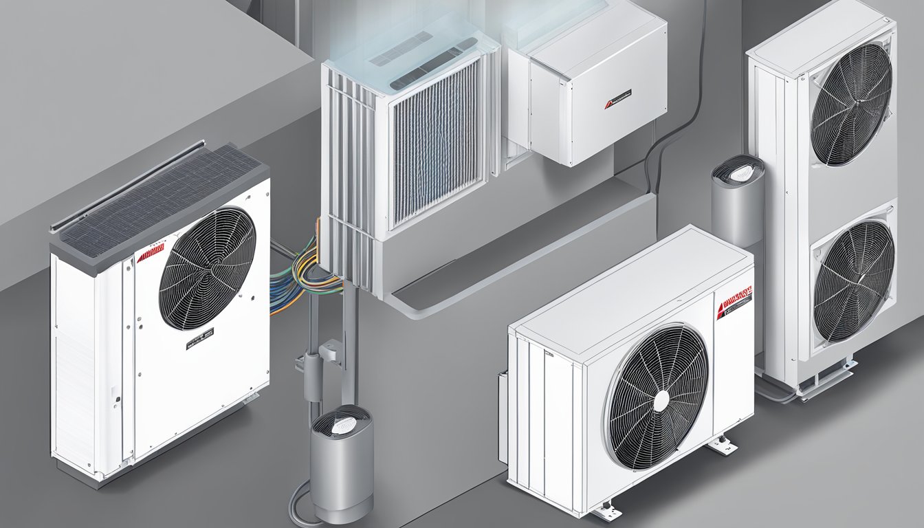 An overhead view of Mitsubishi Aircon System 3, with three indoor units connected to a single outdoor unit