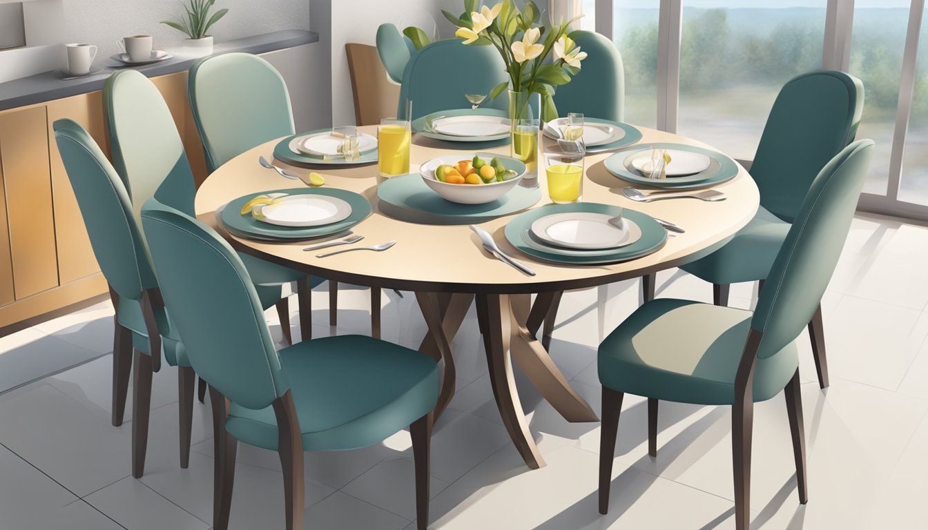 A round dining table for 4, set with plates and cutlery, surrounded by chairs