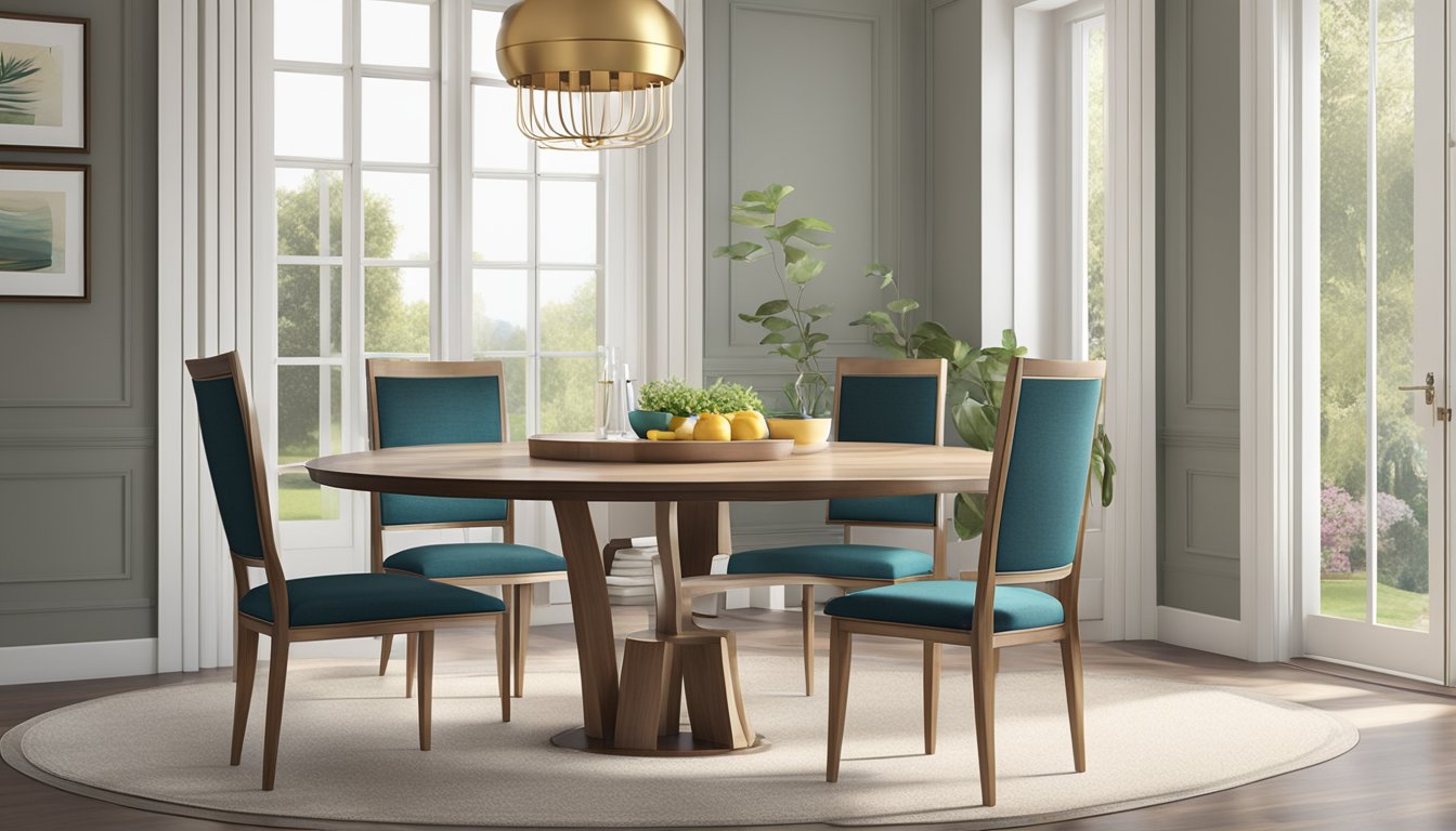 A round dining table with 4 chairs, placed in a well-lit room with a decorative centerpiece