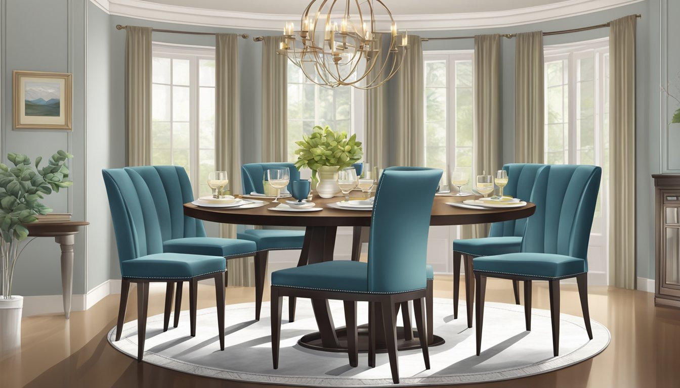 A round dining table with seating for four, set with elegant place settings and a centerpiece, surrounded by stylish dining chairs