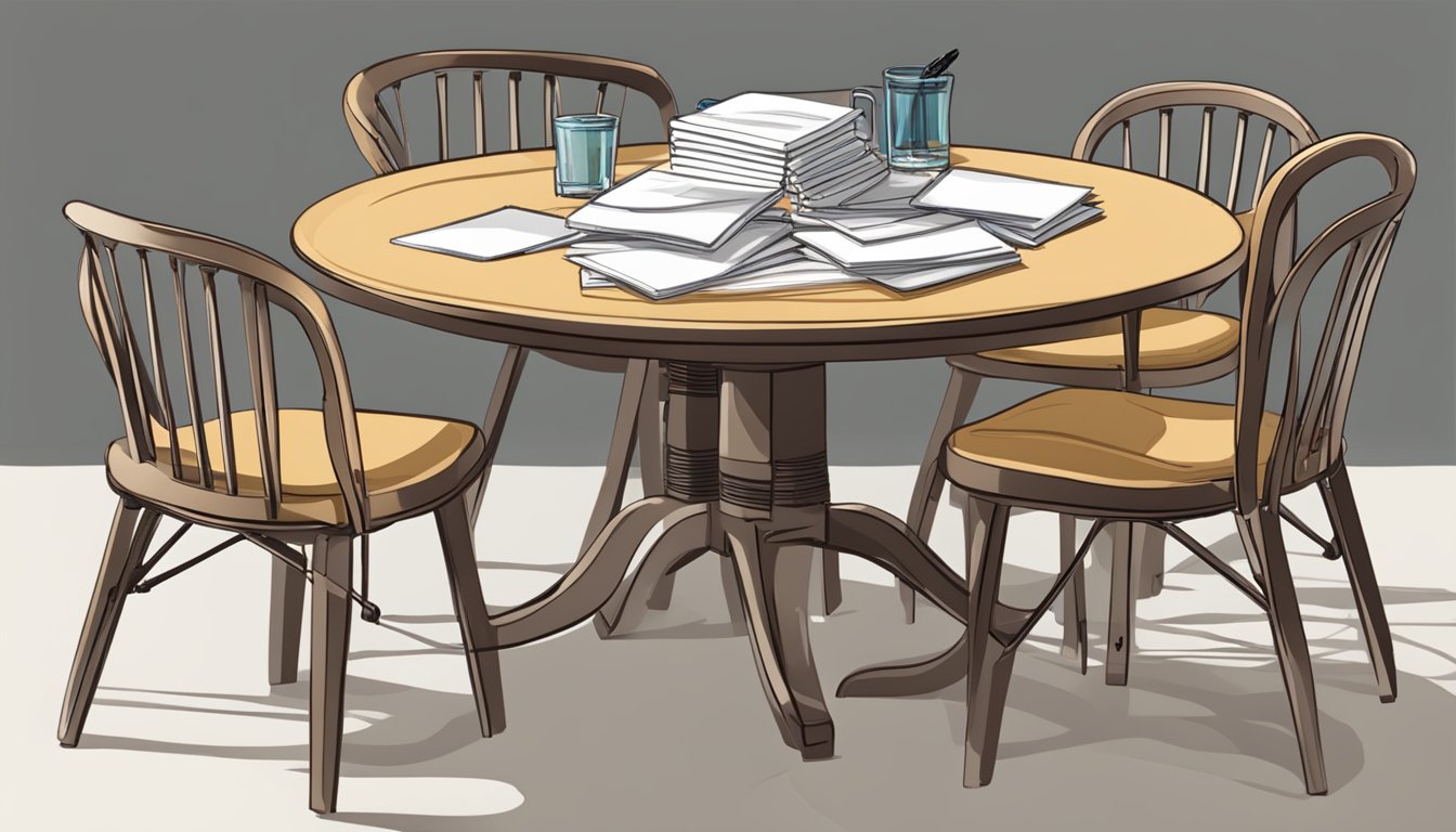 A round dining table with 4 chairs, a stack of FAQ cards, and a pen