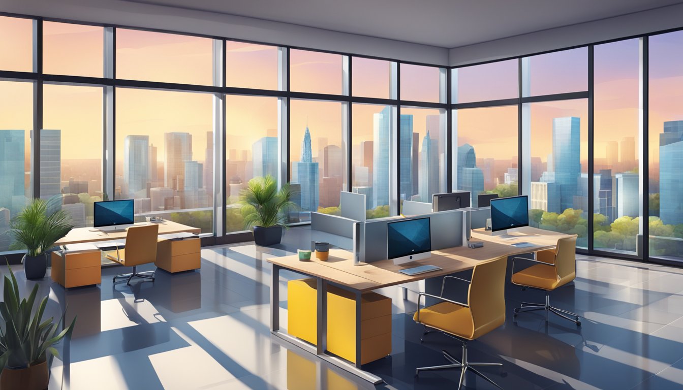 A modern office space with sleek furniture and vibrant accent colors, featuring a large window with natural light and a view of city buildings
