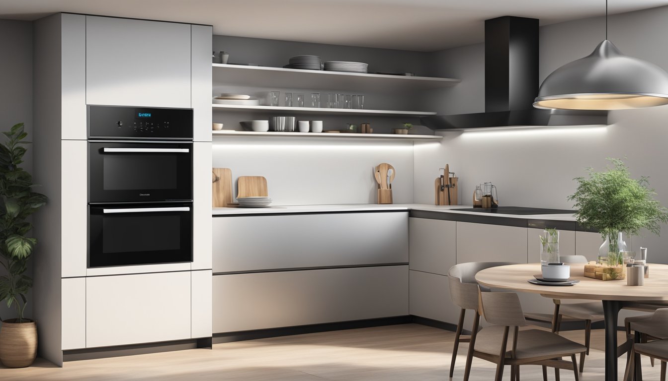 A sleek stainless steel built-in oven glows with a soft interior light, displaying a digital control panel and a spacious cooking cavity