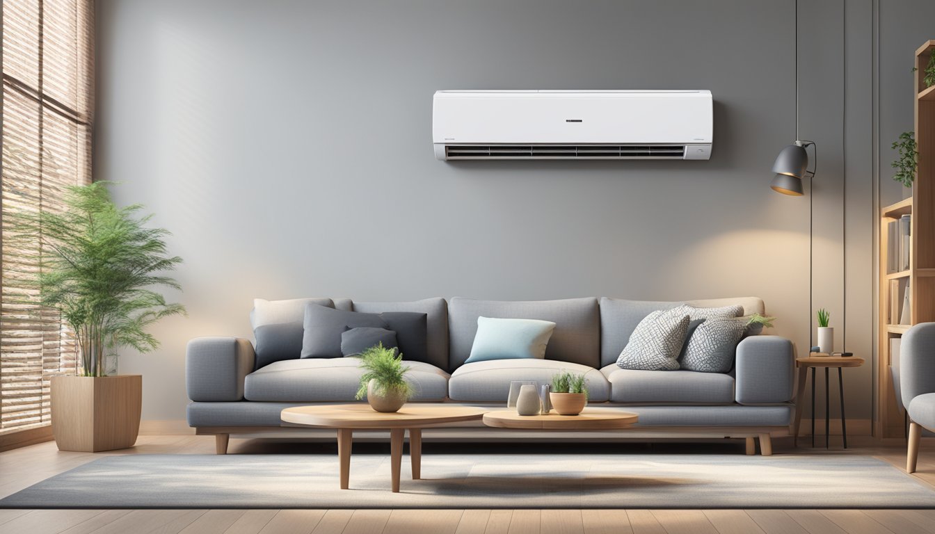 A living room with a Mitsubishi aircon system 3 installed on the wall, with a price tag displayed nearby