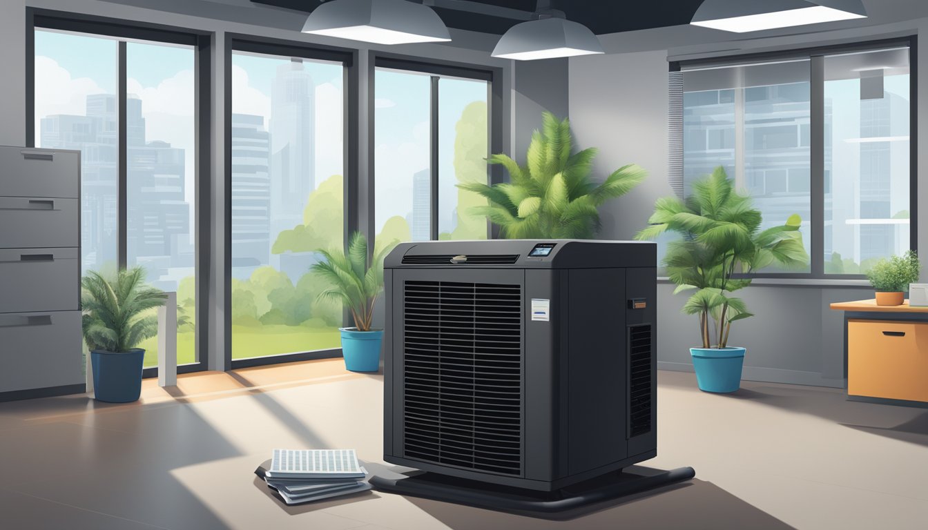 A black air conditioning unit surrounded by a list of frequently asked questions in a clean, modern office setting