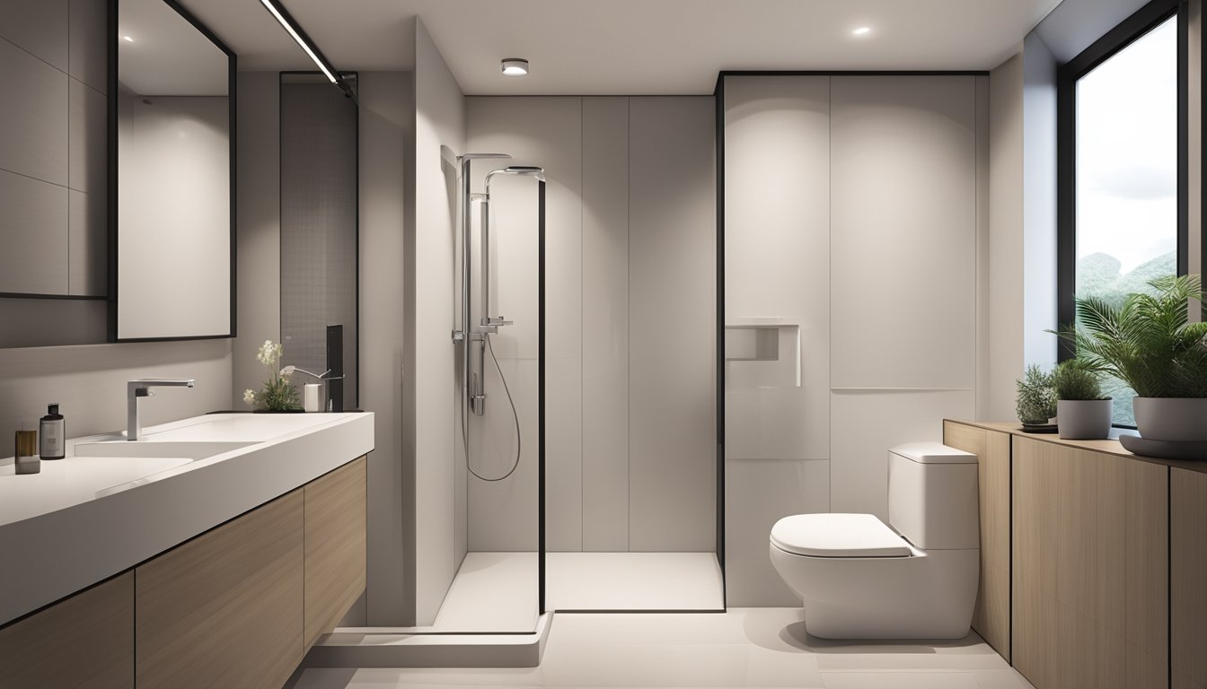 A spacious HDB 4-room toilet with modern fixtures and a sleek, minimalist design. Bright lighting and clean lines create a contemporary and inviting space