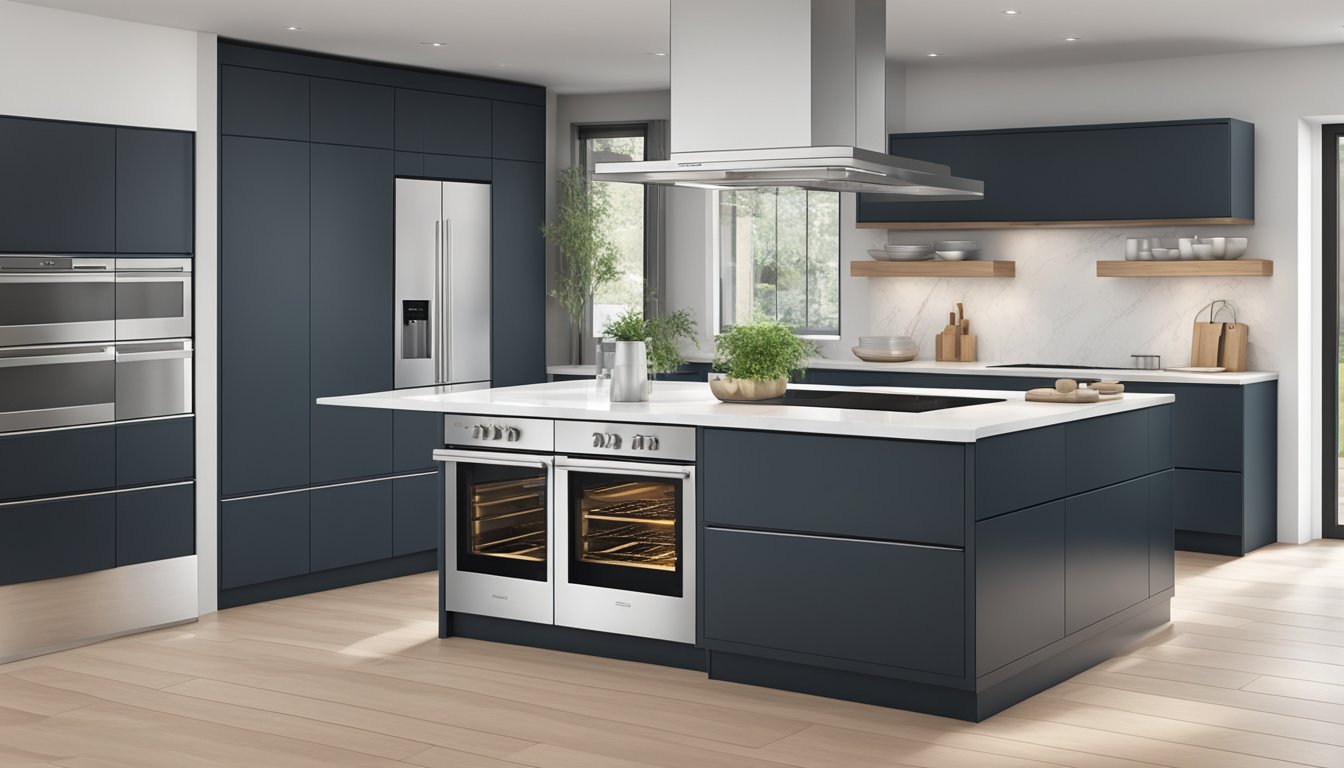 A sleek, modern built-in oven seamlessly integrates into a stylish kitchen, surrounded by clean lines and high-end appliances