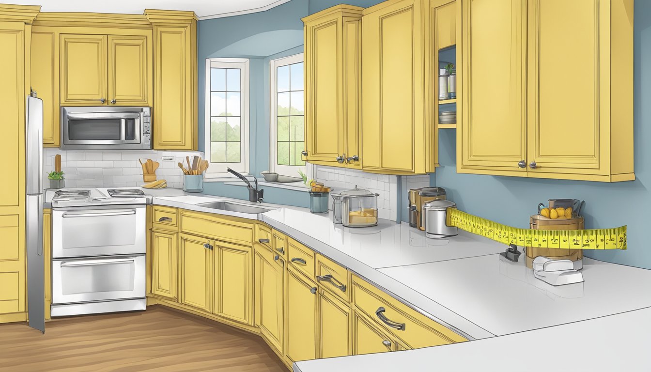 A tape measure is shown measuring the width, height, and depth of a kitchen cabinet. The measurements are being carefully noted on a piece of paper