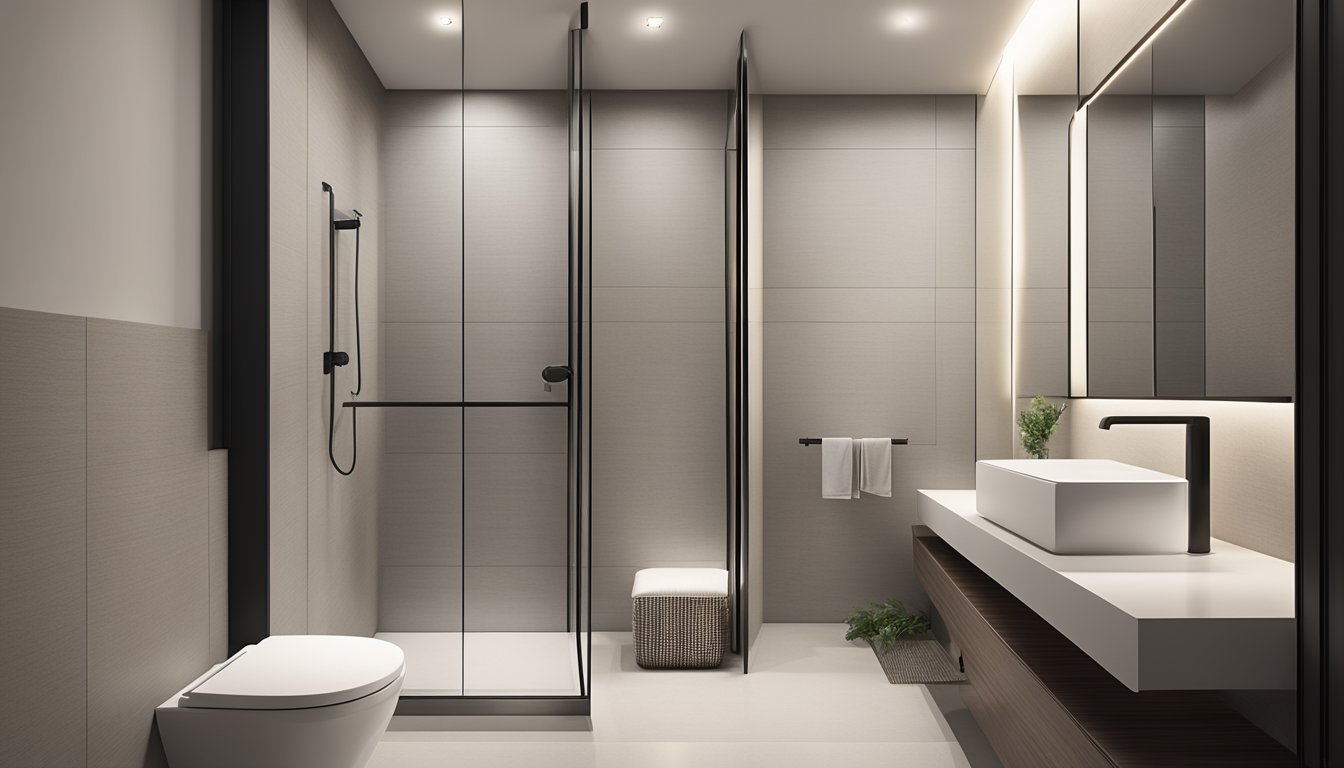 A modern, minimalist 4-room HDB toilet with sleek fixtures, clean lines, and a monochromatic color scheme. The space exudes a sense of luxury and sophistication with carefully chosen finishing touches