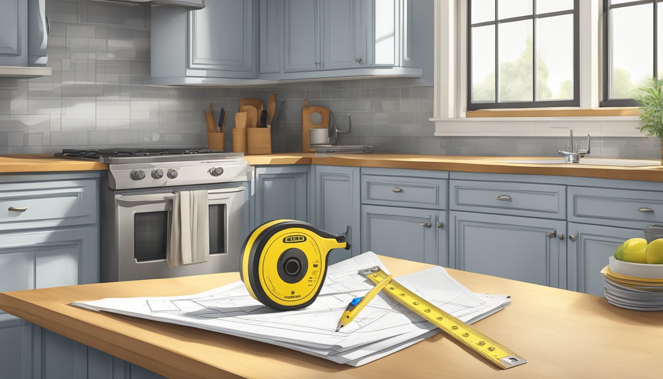 A tape measure lies on a kitchen countertop, next to a stack of cabinet blueprints and a pencil