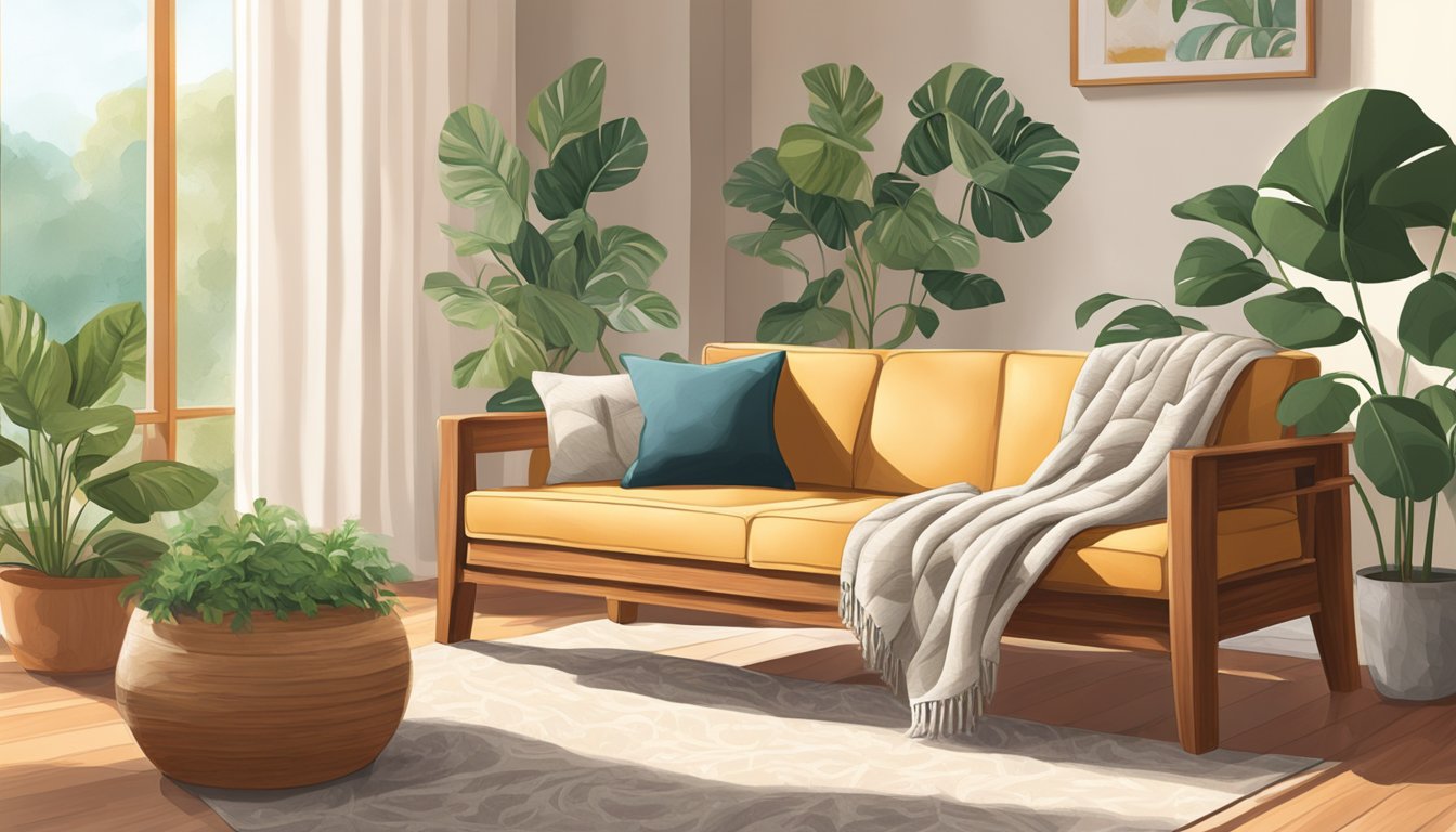 A teak sofa sits in a sunlit room, surrounded by potted plants and a cozy throw blanket